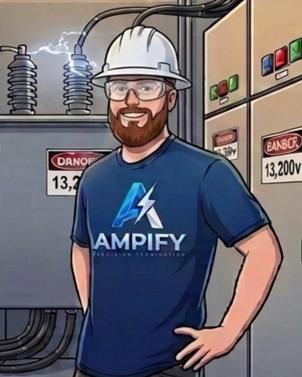 Ampify's owner in a hard hat and safety glasses, standing in front of 13.2kV switchgear